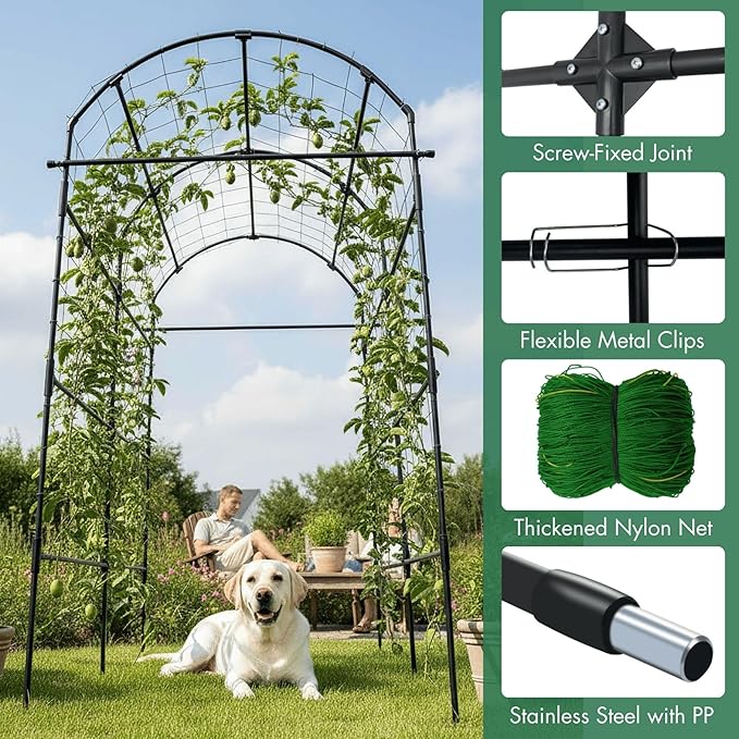 Garden Trellis Arch 7FT PP-Coated Stainless Steel Metal Extra Tall Cucumber Trellis Arch Garden Arch Trellis for Climbing Plants Outdoor Vegetable Trellis with Trellis Netting GardenArchTrellisforPlants
