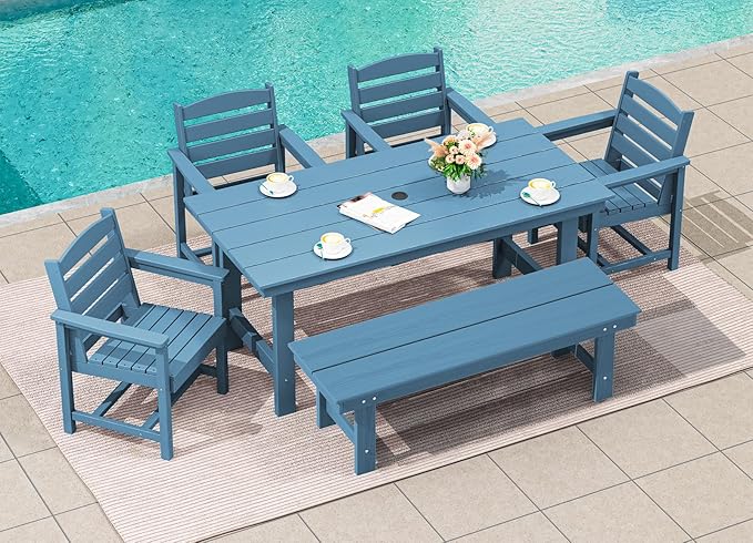 SERWALL Patio Dining Table and Bench Set for 6, Blue SERWALL