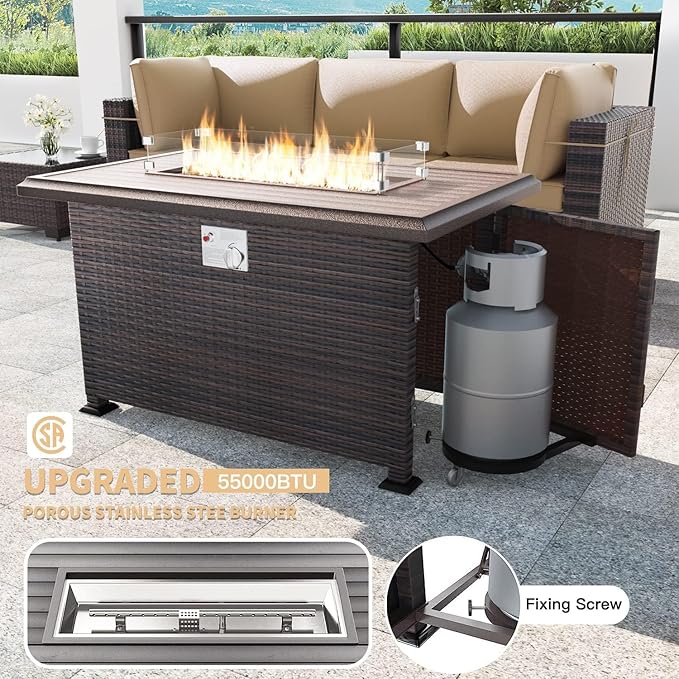 Kullavik 10 Pieces Outdoor Patio Furniture Set with 43" 55000BTU Gas Propane Fire Pit Table PE Wicker Rattan Sectional Sofa Patio Conversation Sets,Khaki KULLAVIK