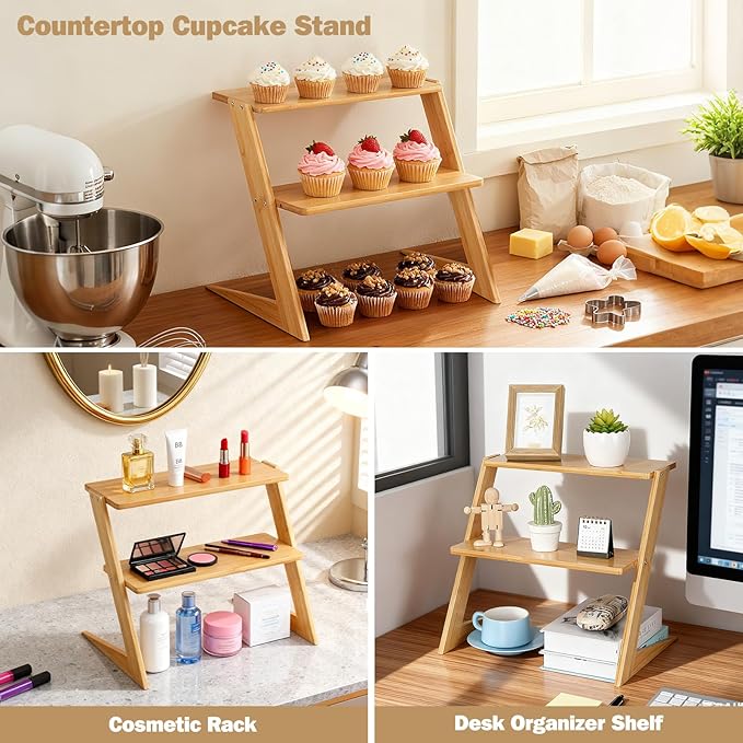 3 Tier Table Top Countertop Small Plant Stand with Shelf Adjustable, Bamboo Wooden Desk Plants Succulent Stand, Office Flower Pot Holder Rack ,Cup Cake Stand, Kitchen Spice Rack OcBuct