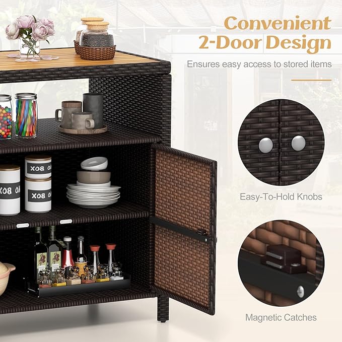 Tangkula Rattan Outdoor Storage Cabinet, Patiojoy Outdoor Cabinet with Acacia Wood Countertop, Open Compartment, 2-Door Wicker Sideboard, Outdoor Bar for Patio Garden Backyard Poolside (Mix Brown) TANGKULA