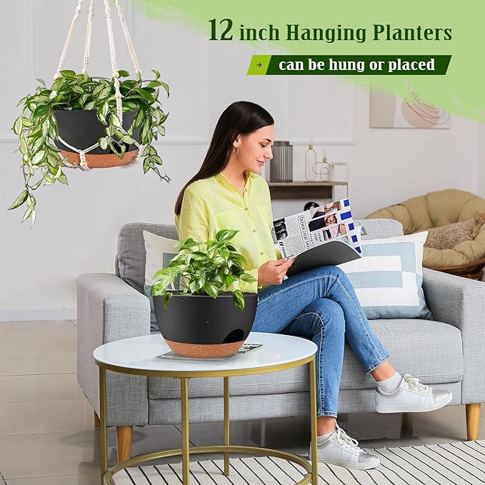 Hanging Planters for Outdoor Indoor Plants, 2 Pack 12 Inch Hanging Basket Plants Outdoor, Self Watering Hanging Planter with Plant Hanger for Garden Home Decoration (2 Type Plant Hangers Black) Lucieblessdesign