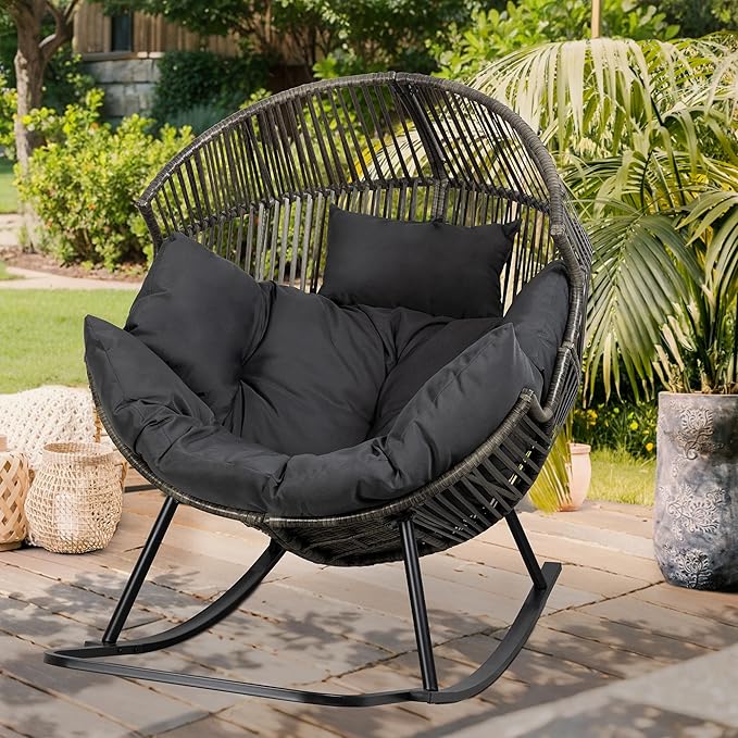Vongrasig Wicker Egg Chair PE Rattan Rocking Chair with Cushion, Oversized Patio Lounge Rocker Chair for Outdoor, Indoor, Balcony, Backyard, Garden, Black/Rattan Vongrasig