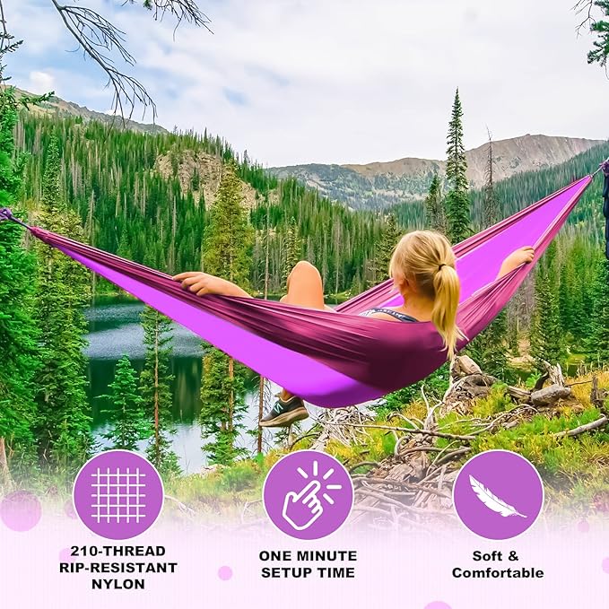 SZHLUX Camping Hammock Double & Single Portable Hammocks with 2 Tree Straps and Attached Carry Bag,Great for Outdoor,Indoor,Beach,Camping,Purple & Pink, Medium SZHLUX