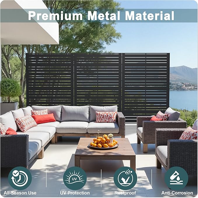 Casaphoria Metal Privacy Screen Outdoor, 72" H x 47" W Freestanding Decorative Privacy Screen for Patio Deck Balcony Garden with Stable Base, Black-Benjamin Casaphoria