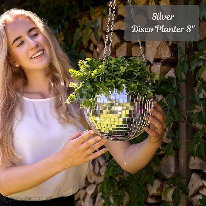 SCANDINORDICA Disco Ball Planter – Value Package: Disco Planter with Chain, Macrame Hanger and Acrylic Stand, Includes Self Watering Insert, Preppy Room Decor, Funky Decor | 8 inch Silver SCANDINORDICA
