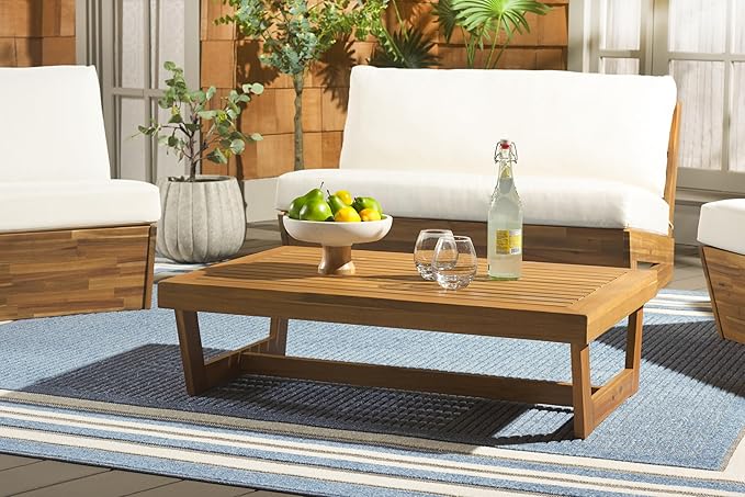 SAFAVIEH Outdoor Patio Furniture Collection Lynn Natural Brown Slatted Top Solid Wood Coffee Table (PAT7330A) SAFAVIEH