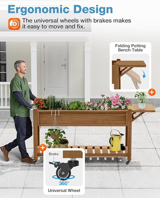 YEFU Raised Garden Bed with Legs: 57x18x30in Weight Capacity 400lb - Waterproof Raised Planter Box with Wheels - Elevated Garden Bed with Storage Shelf - Weather Resistant - for Deck/Patio/Porch/Teak YEFU