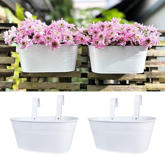 LaLaGreen Outdoor Rail Planter (2 Pack, 11.8 Inch) Metal Iron Hanging Flower Pot Deck Railings White Fence Bucket Modern Countryside Boho Style Wall Mount Window Box Plant Holder Hooks Porch Decor L%C3%A1L%C3%A1Green