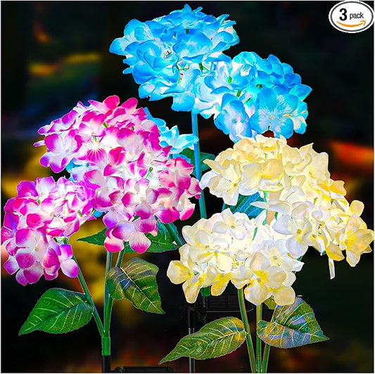 TONULAX Solar Garden Lights - 3 Pack Upgraded Version Outdoor Lights, Colorful Hydrangea Flower Light for Yard Decor, Garden Decoration, Two Lightning Modes & Enlarged Solar Panel TONULAX
