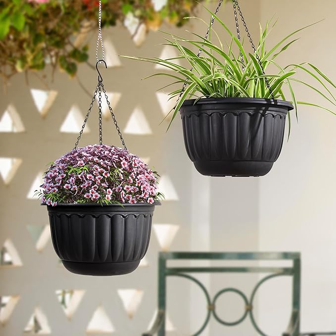 YIKUSH Planters for Outdoor Plants 2 Pack Black Plant Pots with Drainage Hole and Absorbing Tray Hanging Planters for Indoor Plants (12 inch, 3 Hooks) YIKUSH