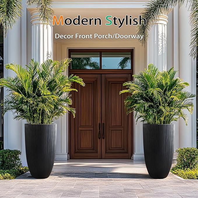 Tall Planters for Outdoor Plants, Large Concrete Flower Pots for Garden Front Porch, Patio, Indoor (Vertical Black) Heyzier