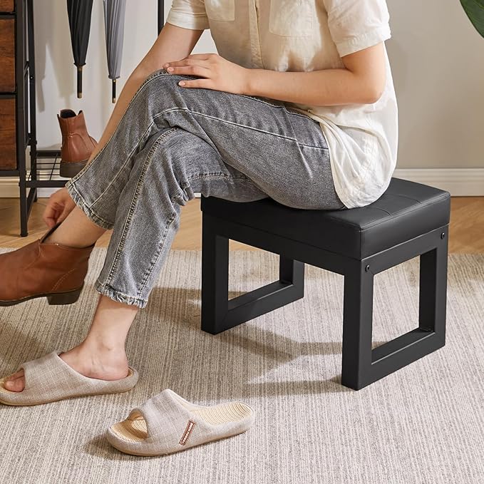IBUYKE 16 Inch Small Foot Stool Ottoman, Rectangle PU Faux Leather Foot Rest with Padded Seat and Metal Legs, Modern Ottoman Foot Rest for Living Room Bedroom Entryway Couch, Black WBD026B IBUYKE