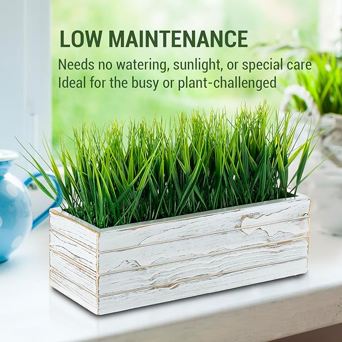 MyGift 14 Inch Artificial Green Grass Plant in Shabby White Washed Wood Planter Window Box - Faux Greenery in Rectangular Crate Style Wooden Container MyGiftHome