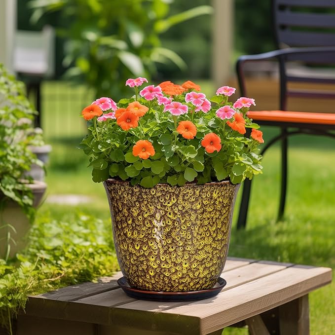 12 Inch Plant Pot - Ceramic Pots for Plants with Drainage Hole and Saucer, Round Planter for Indoor Outdoor, Large Flower Pots, Modern Planter, Patio House Decor, Plant Lovers Gifts, Yellow SUNPOTFOR