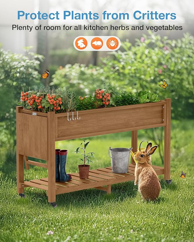 YEFU Raised Garden Bed with Legs: 57x18x30in Elevated Poly Planter with Wheels,Waterproof Mobile Raised Bed Garden, Elevated Planter Box Stand with Storage Shelf,for Herb,Carrot,Tomato (Teak,2pcs) YEFU