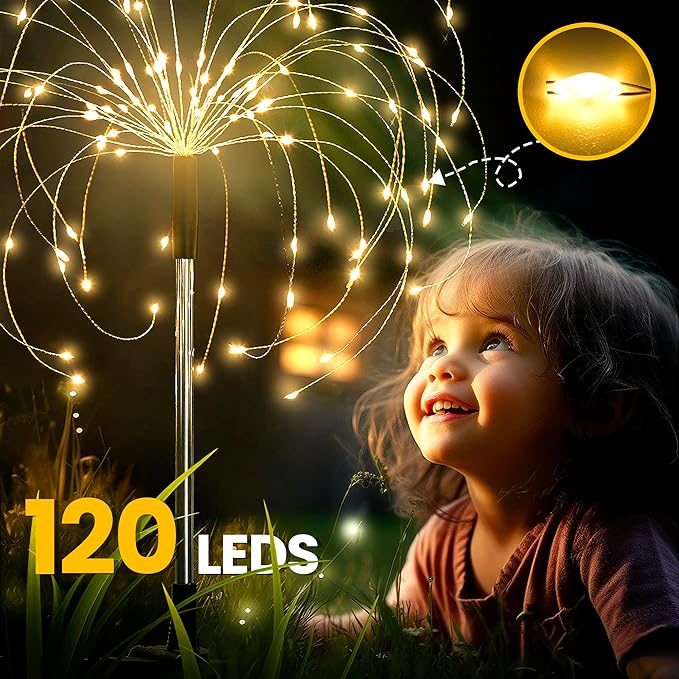 GIGALUMI Garden Decor Outdoor Lights 120LED 4Pack, Solar Garden Lights for Christmas Outside Fairy Firework Decorative,Solar Powered for Yard Pathway Flowerbed Planter Balcony Patio Decor (Warm White GIGALUMI