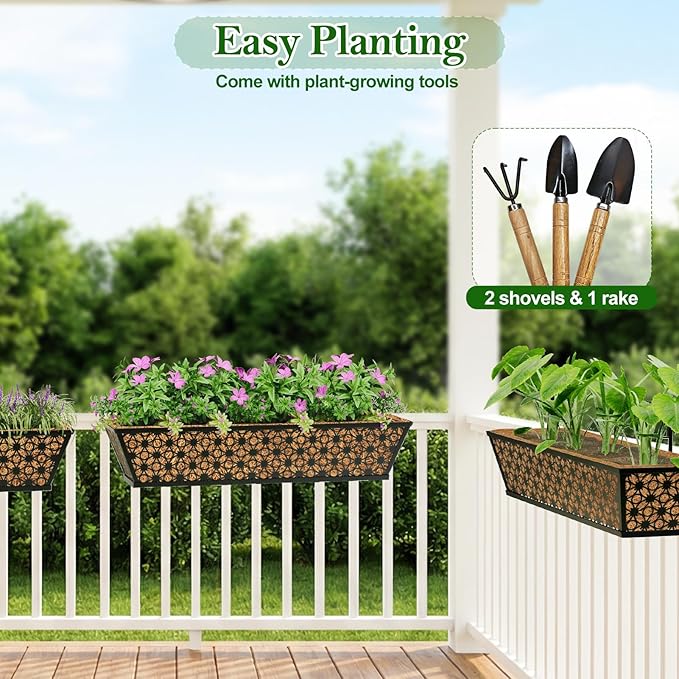 SPECILITE 24" Window Boxes Planters, Heavy Duty Metal Railing Planter Boxes, Adjustable Balcony Planters for Railing Hanging, with Coco Liner & Tool Set for Deck, Porch, and Patio Gardening (4 Pack) SPECILITE