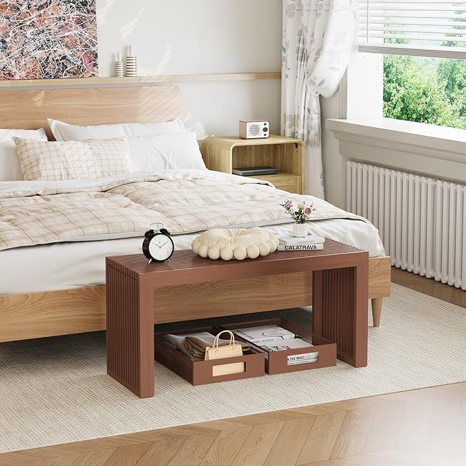 Bamboo Dining Bench, 35 inch Farmhouse Decor Indoor Kitchen Table Bench, Entryway Shoe Rack Bench, Outdoor Bench, Solid Bamboo Benches for Living Room, Hallway, Bedroom, Bathroom (Walnut, Long) HEALTHYYOU
