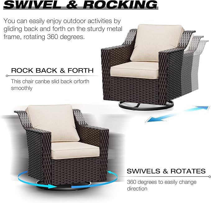 Joyside Wicker Patio Furniture Sets, 5 Pieces Upgraded Large Size Outdoor Furniture with Swivel Rocking Patio Chairs, 3-Seat Sofa, Fire Table, Coffee Table, Thick Cushions, Wide Armrest, Beige Joyside
