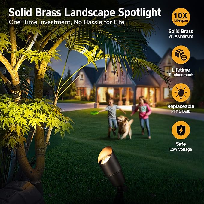 Gardenreet Brass Landscape Lighting - Outdoor Low Voltage Spotlights LED, 12V Wired Uplights, Waterproof Spot Lights Antique Bronze for Outside Trees Without MR16 Bulb (4 Pack) Gardenreet