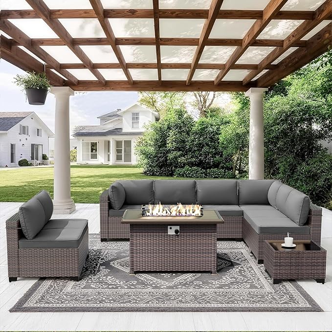 ALAULM 10 Pieces Patio Furniture Set with Propane Fire Pit Table Outdoor Sectional Sofa Sets Patio Furniture 43" Gas Fire Pit Brown PE Rattan Patio Conversation Set w/8 Seat Cushions (Grey) ALAULM