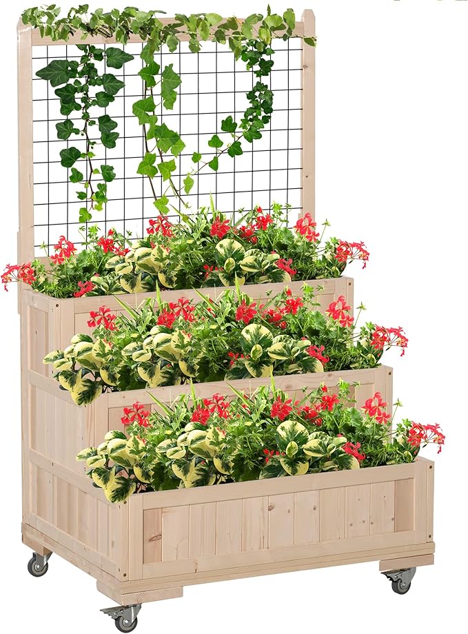 Outsunny 3-Tiers Raised Garden Bed with Trellis, 53" H Vertical Planter Box with Wheels & Back Storage Area, for Flowers, Vegetables, Herbs, Natural Outsunny