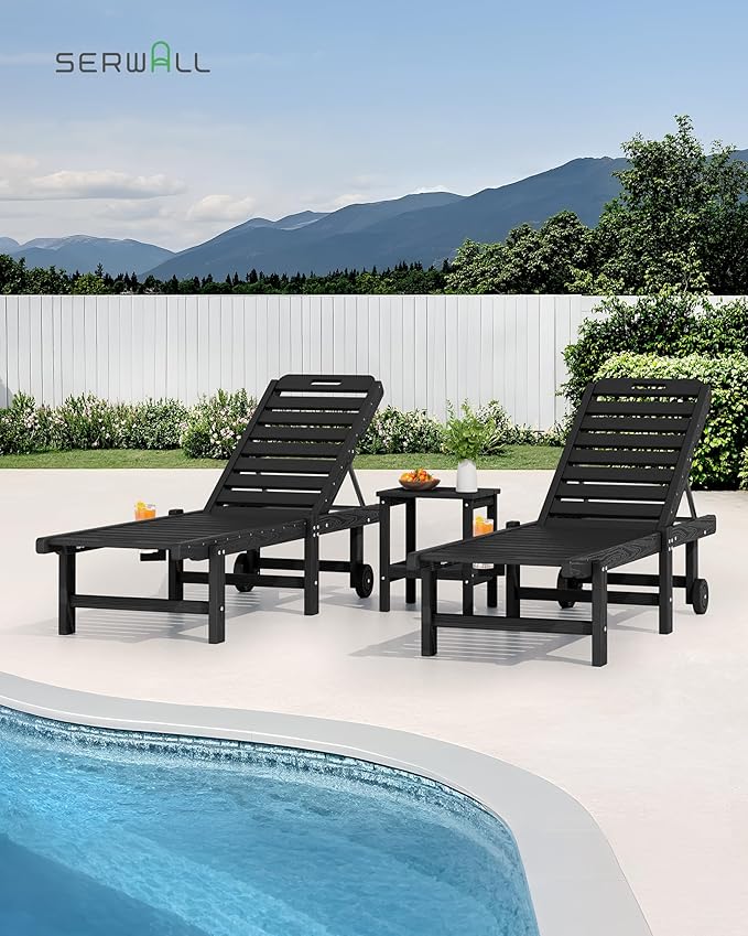 SERWALL Outdoor Chaise Lounge Set of 6, HDPE Pool Lounge Chair with 5-Position Adjustable Backrest, Patio Lounger with Rolling Wheels & Cup Holder for Pool, Black SERWALL