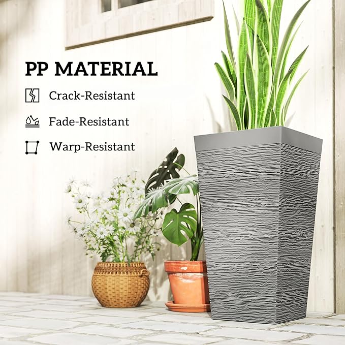 Outsunny 22.8 Inch Tall Planters for Outdoor Plants, Set of 3 Plastic Flower Pots with Stone Finish and Wheels, Stackable Tapered Planters with Drainage Hole for Indoor Plants, Front Porch, Gray Outsunny