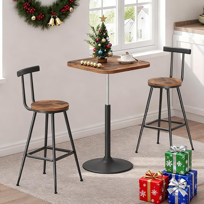 Bar Stools, Set of 2 Bar Chairs with Backrest and Footrest, 26" Tall Counter Stools, Metal Frame, Adjustable Feet, Easy Assembly, for Kitchen, Living Room, Pub, Rustic Brown BAHR6001 MAHANCRIS