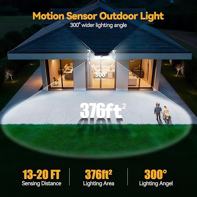 TECKNET 416 LED Solar Lights Outdoor Waterproof, 300° Angle & 3 Lighting Modes Motion Sensor Outdoor Lights, 2 Pack Solar Powered Flood Wall Lights IP66 for Home Patio Fence Yard Deck Garage Street Tecknet