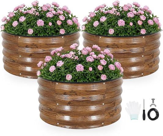 INNO STAG 3 Pcs Round Galvanized Raised Garden Bed — 2×2×1ft Planter Box Outdoor Raised Beds Kit for Gardening Vegetables, Fruits, Herbs, and Flowers, Grain INNOSTAGE