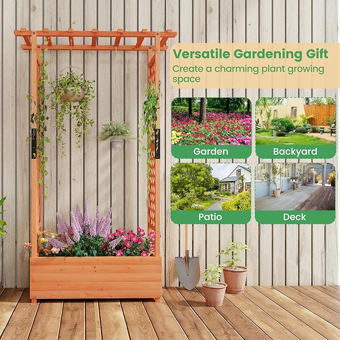 Giantex 2 Pcs Raised Garden Bed with Trellis & Hanging Roof, Wood Planter Box with Bottom & Drainage Holes, Freestanding Garden Planter for Flower Vegetable Fruit Herb Climbing Vines, 43.5"x17.5"x72" Giantex