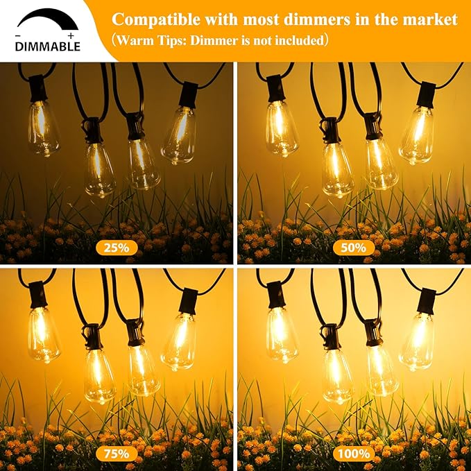 Brightever LED Outdoor String Lights 100FT Patio Lights with 52 Shatterproof 2200K ST38 Vintage Edison Bulbs, Amber Outside Hanging Light Waterproof for Porch, Deck, Garden, Dimmable Amber Lights Brightever