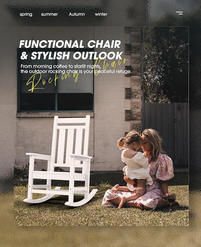 KINGYES Oversized Outdoor Rocking Chair, All-Weather Patio Rocking Chairs for Porch, HDPE Outdoor Patio Rockers with High Back & Wide Seat for Garden, Lawn, White KINGYES
