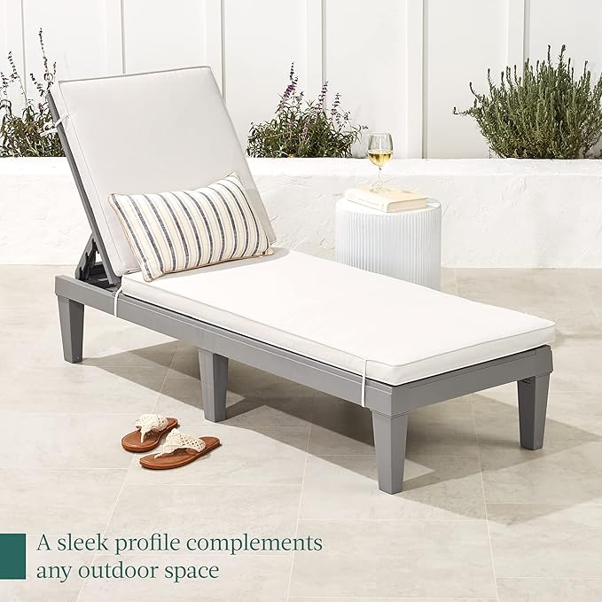 Best Choice Products Outdoor Lounge Chair, Resin Patio Chaise Lounger for Poolside, Backyard, Porch w/Seat Cushion, Adjustable Backrest, 5 Positions, 330lb Capacity - Gray/White Sand BestChoiceProducts