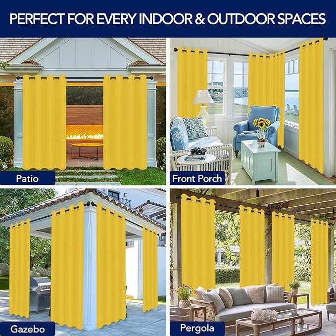 PureFit Outdoor Curtains for Patio Waterproof Weatherproof, UV Resistant Outside Curtains for Gazebo, Front Porch, Pergola, Sun Blocking Privacy Curtain, 52W x 120L inch, 1 Panel, Yellow PureFit