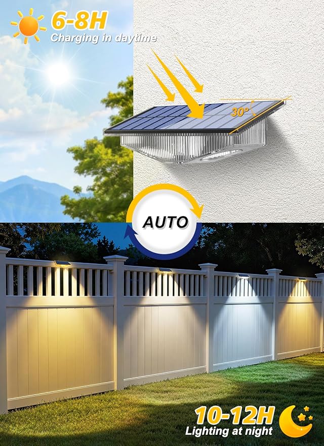Solar Fence Lights Outdoor - 3000K/4000K/6000K 3 Color Modes, IP65 Waterproof Fence Lights Solar Powered Outdoor, Solar Powered Wall Light for Outside Porch Step Wall Stair Patio Yard (12 Pack) CREPOW