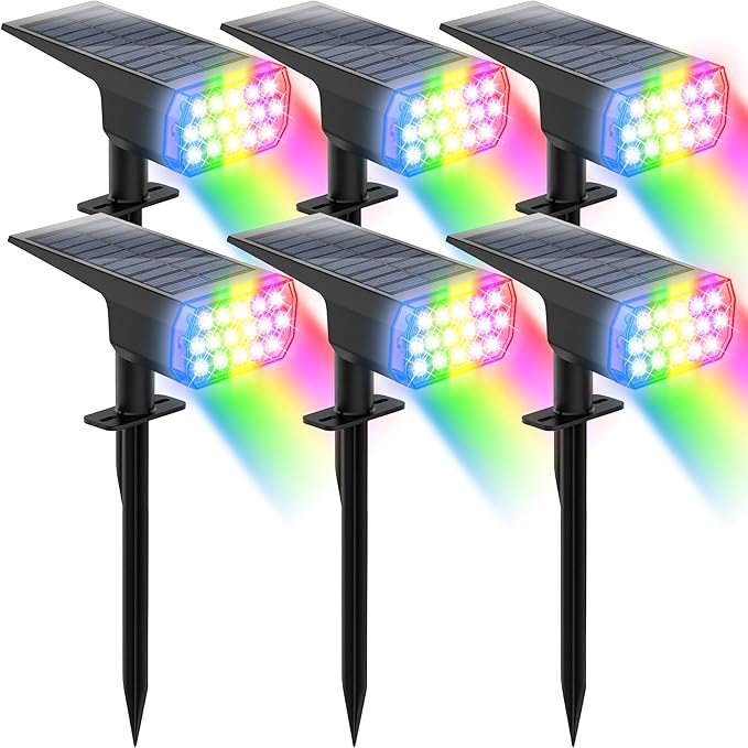 Solar Lights Outdoor Waterproof, LED Solar Spot Lights Outdoor, 7 Color Changing Solar Spotlights, Multicolor RGB Dusk-to-Dawn Uplights for Garden Landscape, Yard, IP65, Auto On/Off Chasikeo