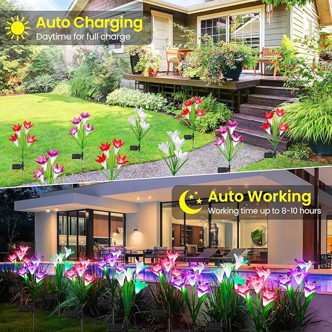 KOOPER Outdoor Solar Lights, 4 Pack Solar Garden Light with Bigger Lily Flowers, Waterproof 7 Color Changing Solar Lights Outdoor - Bigger Panel for Patio Yard Garden Decoration, Gift for Mom KOOPER