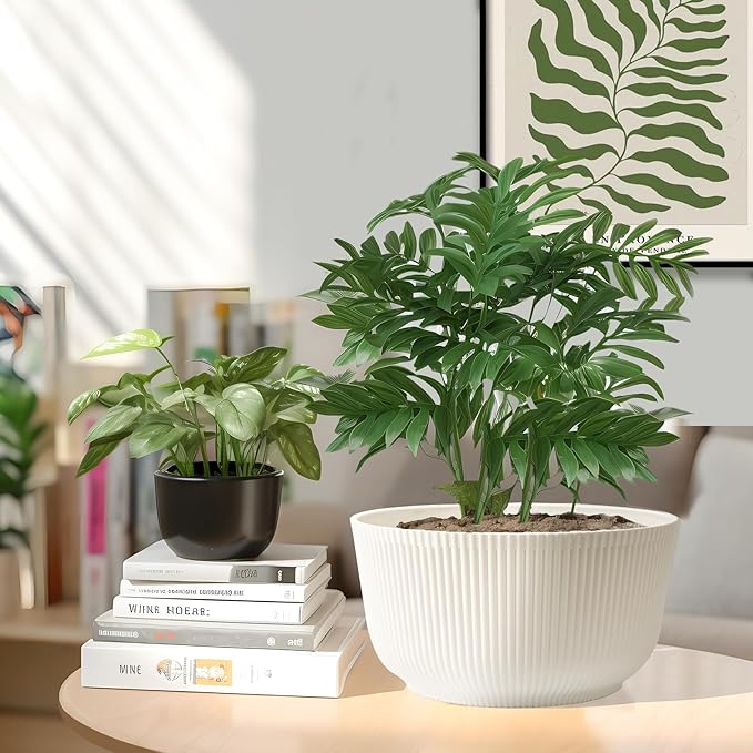 T4U 12 Inch Large Self Watering Plant Pots, Wide Self Watering Planter with Drainage Hole, Large Plant Pots Flower Pot for Plants, Set of 2, White T4U