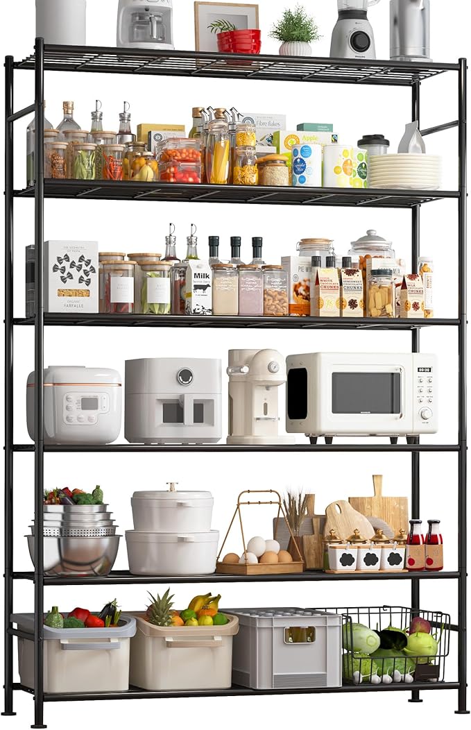 Storage Shelves - 6 Tier Shelf Organizer, Heavy Duty Garage Shelving Unit with Leveling Feet, Stable Metal Shelves Organizer for Pantry, Kitchen and Closet, 46.3" W x 12.6" D x 76.1" H, Black Sakugi