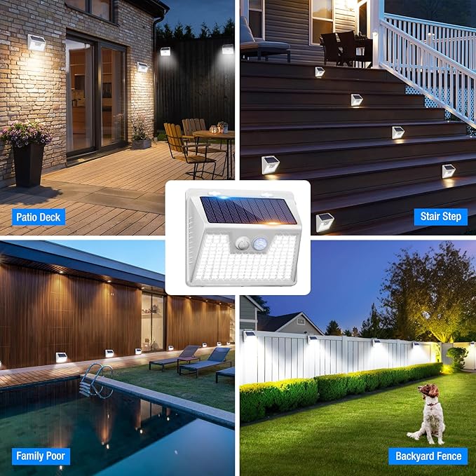 Peasur Solar Powered Lights Outdoor Motion Sensor, 2 Pack 140 LED Fence Light Waterproof, White Frame Security Wall Lighting for Outside Deck Yard Patio House Step Peasur