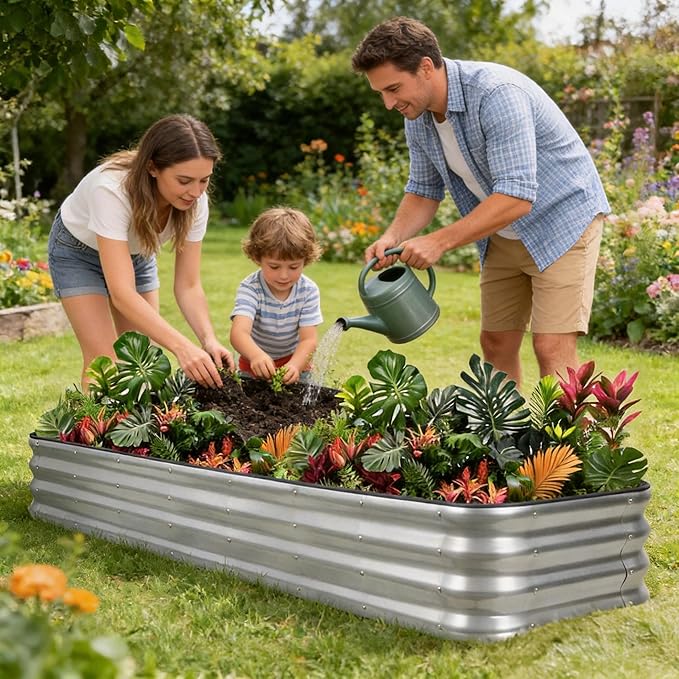 1MORE Raised Garden Bed -8X2X1 Galvanized Planter Box for Outdoor Gardening,5 in 1 Modular Raised Bed Kit with Protective Tape, Gloves for Herb,Ideal for Vegetables and Plants.Sliver-2pack 1MORE