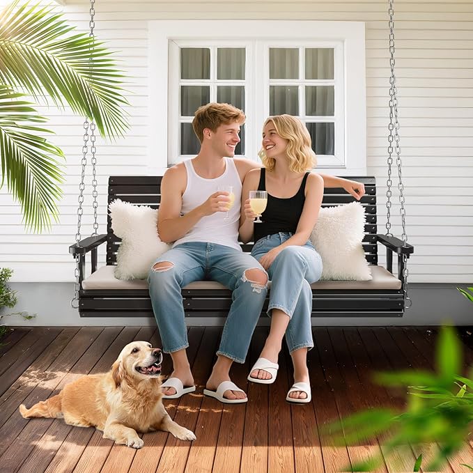 VINGLI Heavy Duty 880 LBS Patio Wooden Porch Swing Outdoor with Extra Cushion, Farmhouse Hanging Bench Tree Swing with Adjustable Chains for Yard | Garden | Lawn | Balcony (5 FT, Black) VINGLI