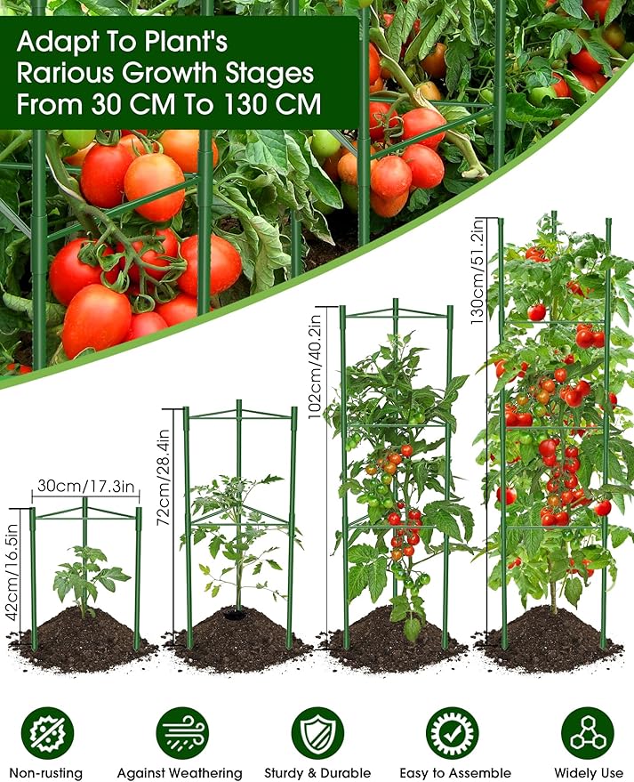 Tomato Cage for Garden,6 Pack Tomato Trellis for Raised Garden Bed Height Adjustable Up to 51.2inch Tomato Plant Support Stakes for Climbing Plants Vegetables Fruits Flowers（Extra Bold） GrowYourGreenParadise