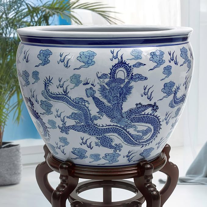 16" Dragon Blue & White Porcelain Fishbowl RedLantern