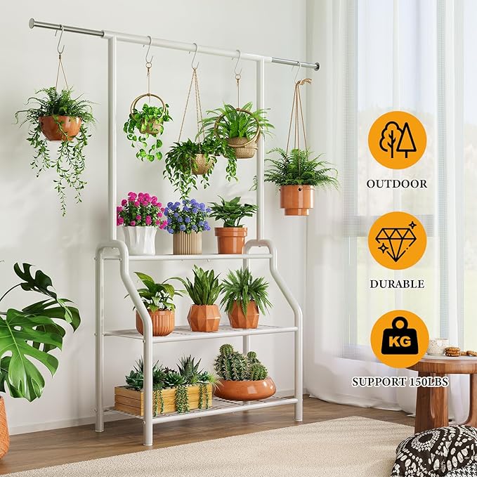 Plant Stand Indoor Outdoor, 3-Tier Heavy Duty Metal Hanging Plant Shelf, 61'' Tall Large Plant Holder Rack for Multiple Big Pots, Flower Stand for Living Room, Garden, Balcony, White Lincordor