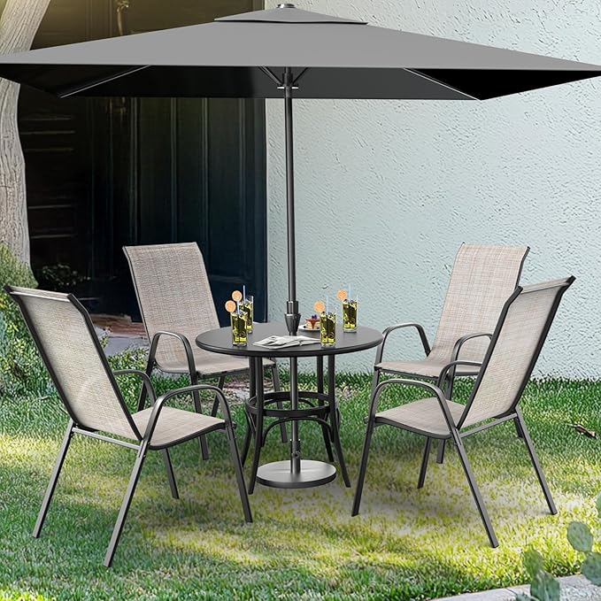 VINGLI Patio Chairs Set of 6 – Stackable Outdoor Dining Chairs with Comfortable Sling High Back Chairs and Armrests for Lawn, Poolside, Courtyard, Balcony, Garden, Yellow VINGLI
