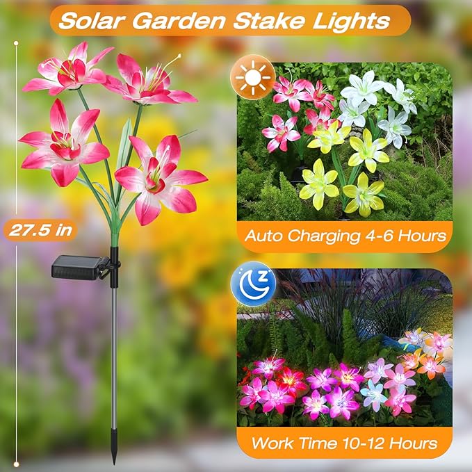 Aukora Solar Garden Lights Outdoor 5 Pack, 5 Colors Lily Flowers & 7-Color Changing Slide Beads Waterproof for Outside Pathway Patio Yard Decorations ＆ Mother's Day Gift, Red Yellow Blue White Purple AUKORA